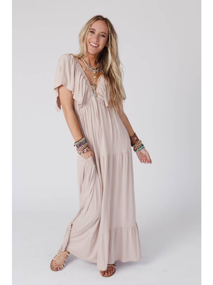 Textured Open Back Ruffle Maxi Dress