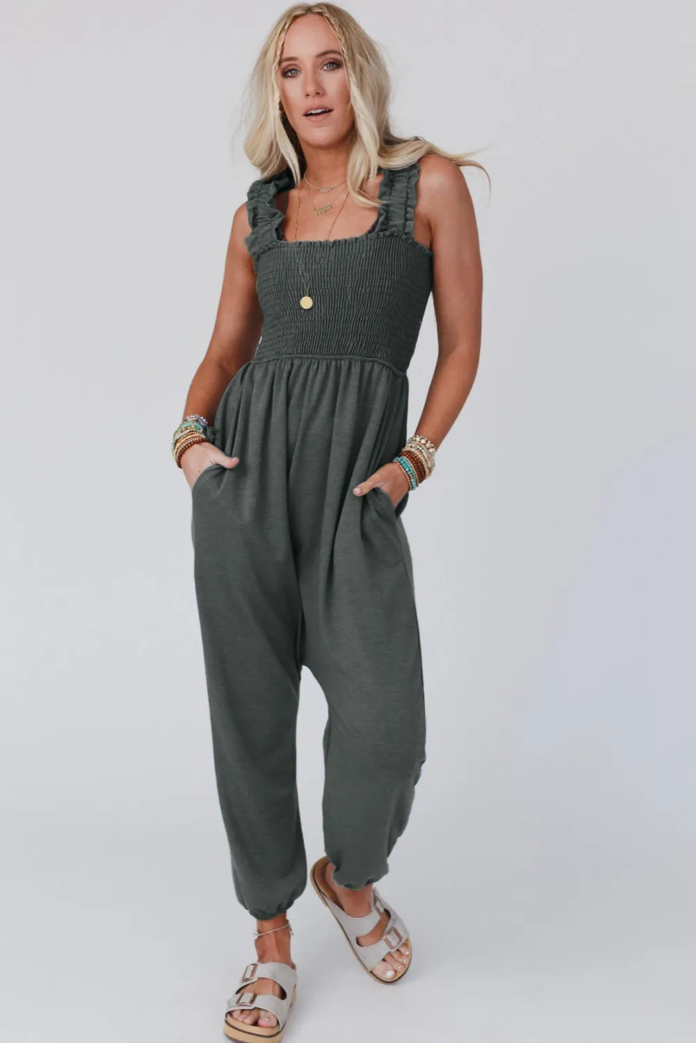 Gray Smocked Ruffled Straps High Waist Sleeveless Jumpsuit