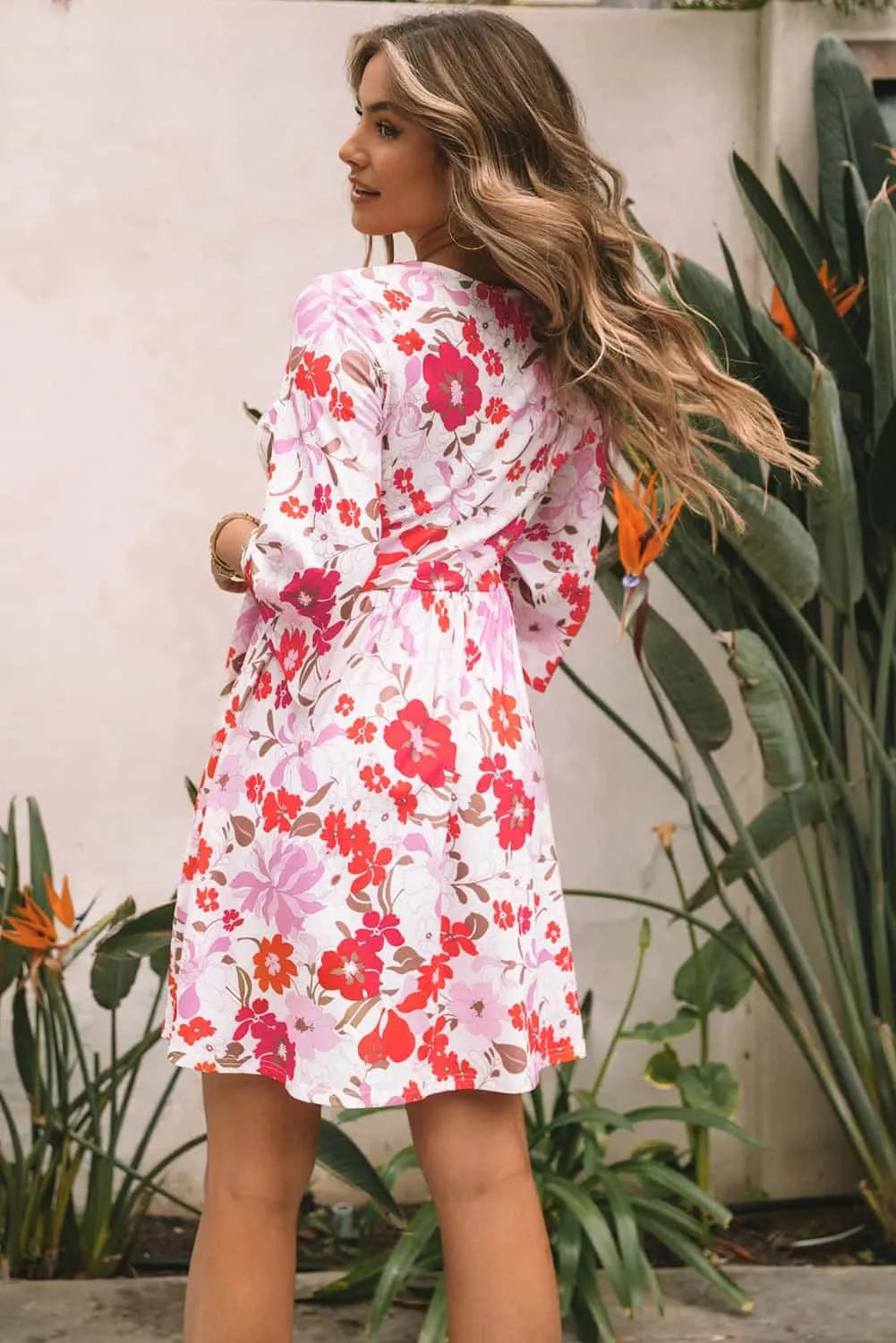 Orange V Neck 3/4 Sleeve Floral Dress