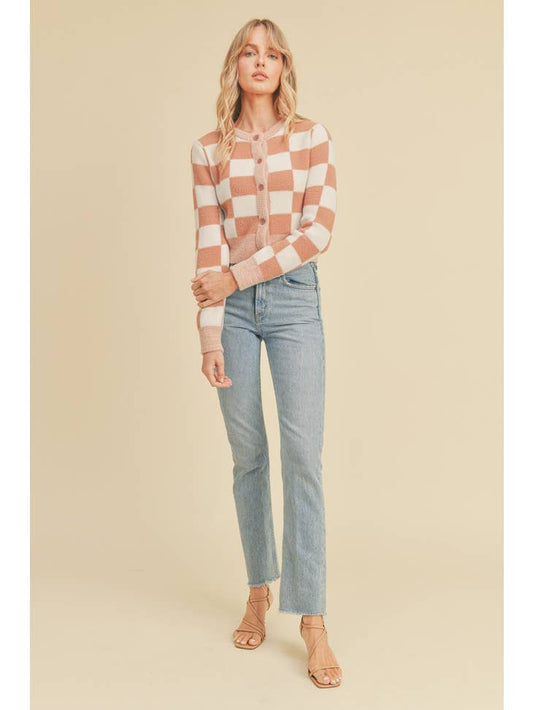 Checkered Button Closure Long Sleeve Sweater