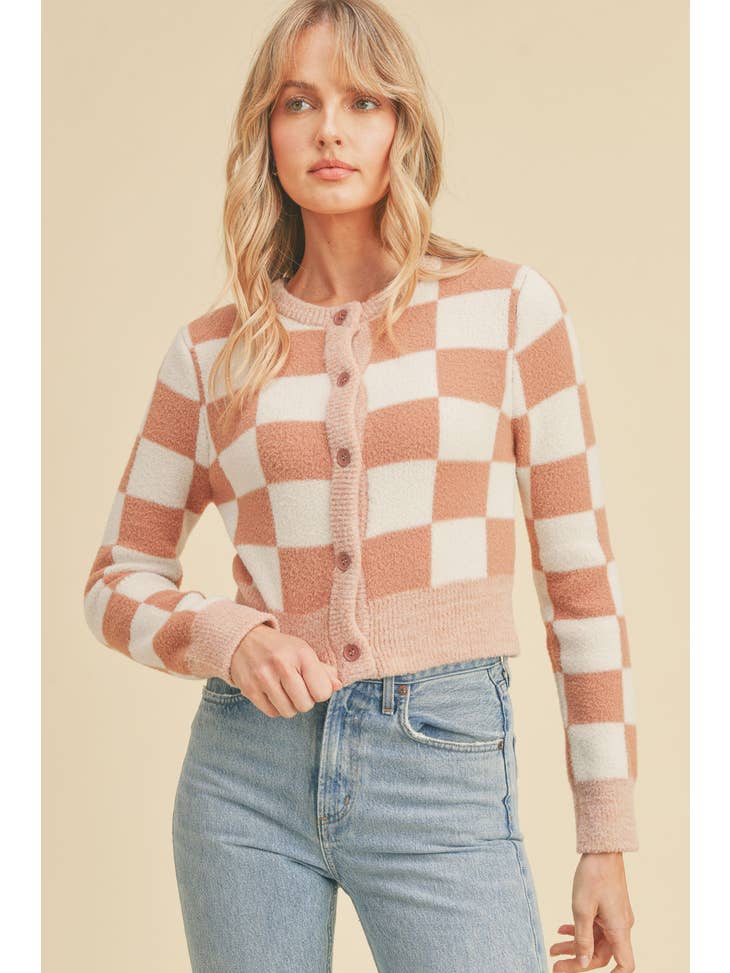 Checkered Button Closure Long Sleeve Sweater