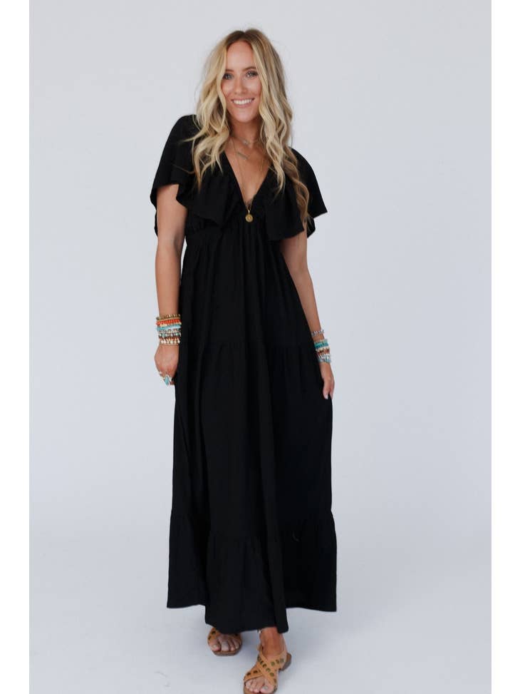 Textured Open Back Ruffle Maxi Dress