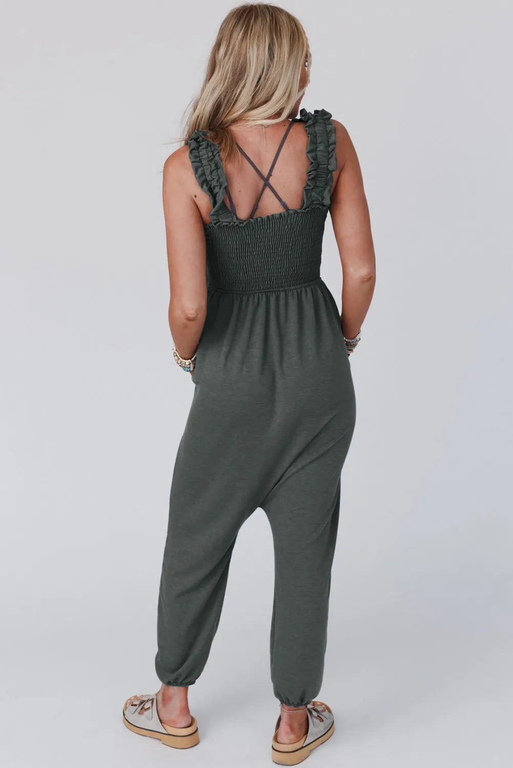 Gray Smocked Ruffled Straps High Waist Sleeveless Jumpsuit