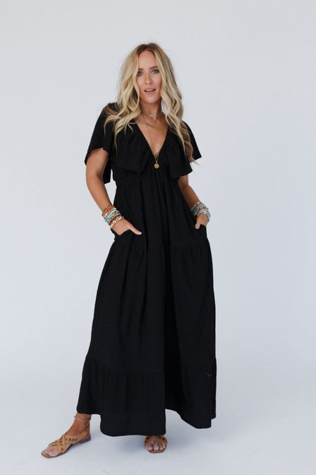 Textured Open Back Ruffle Maxi Dress