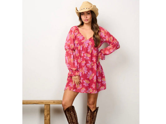 Long Sleeve V Neck floral Mini Dress