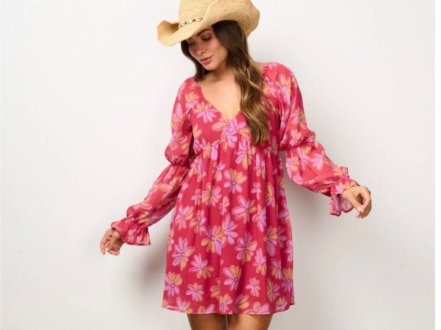 Long Sleeve V Neck floral Mini Dress