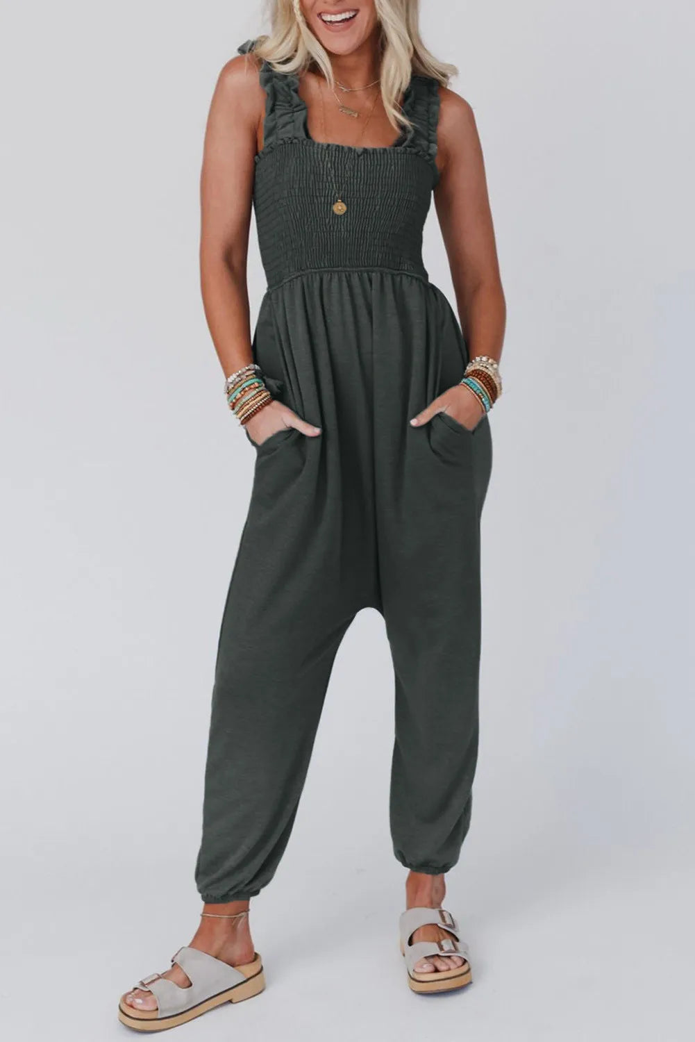 Gray Smocked Ruffled Straps High Waist Sleeveless Jumpsuit