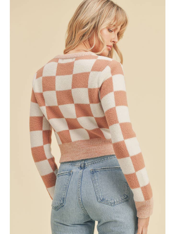 Checkered Button Closure Long Sleeve Sweater