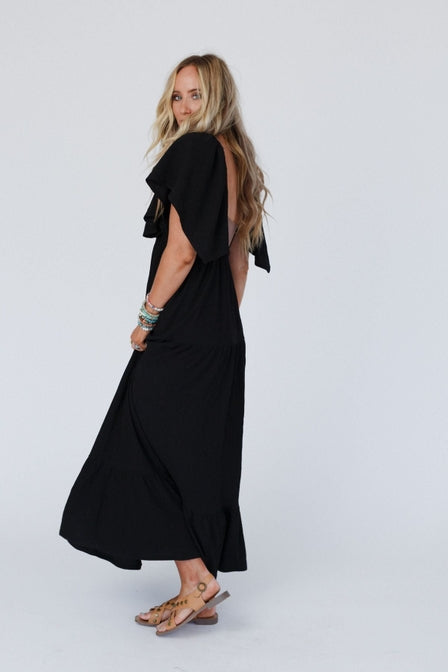 Textured Open Back Ruffle Maxi Dress