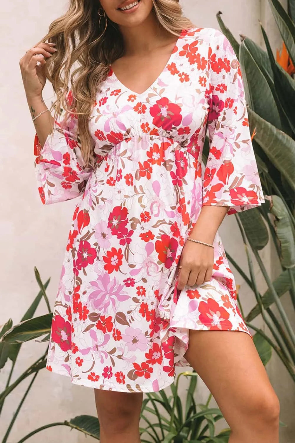 Orange V Neck 3/4 Sleeve Floral Dress