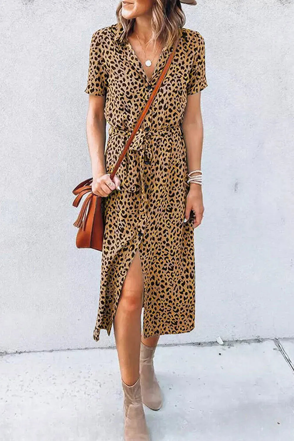 Khaki Leopard Turn-Down Collar Slit Midi Dress