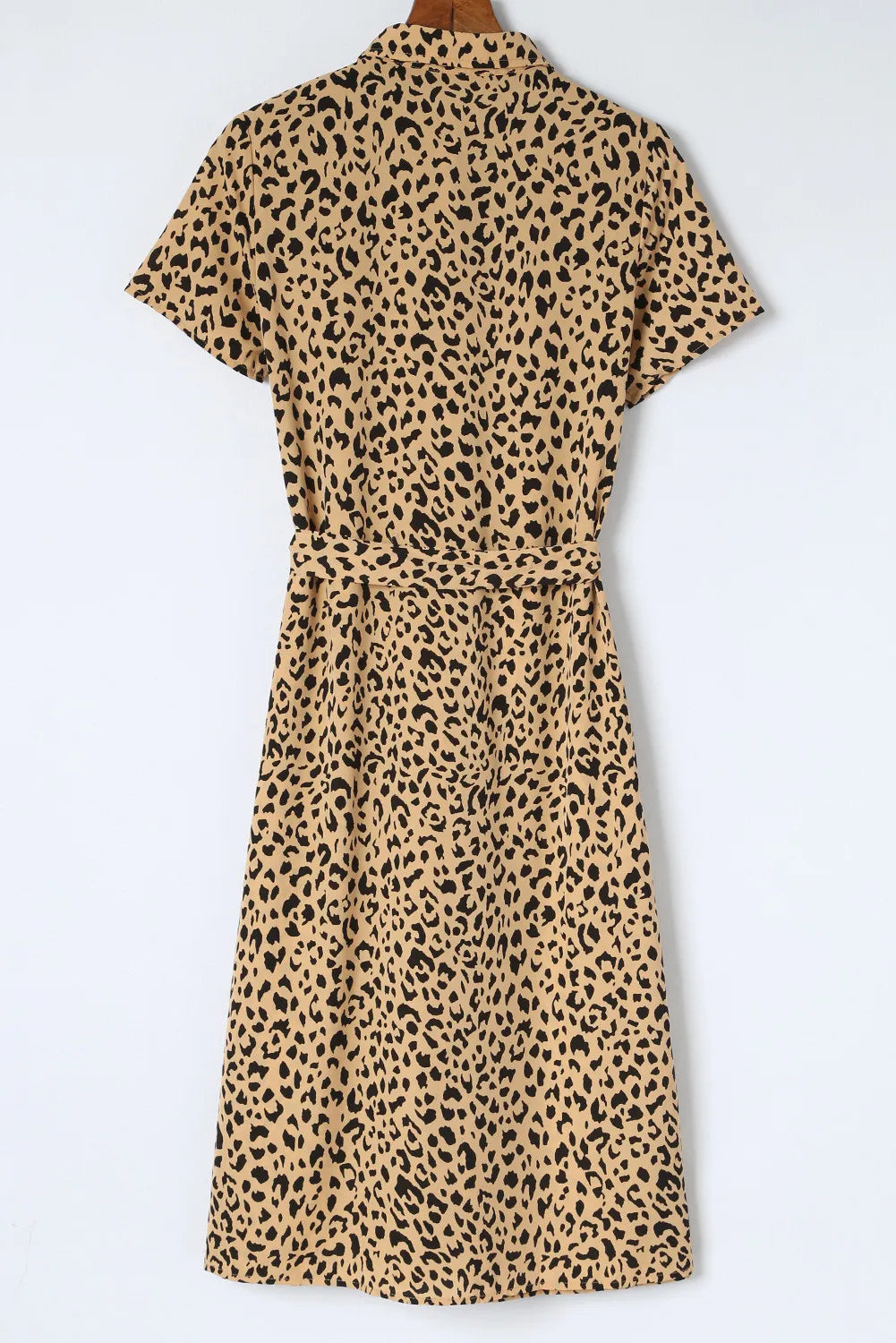 Khaki Leopard Turn-Down Collar Slit Midi Dress