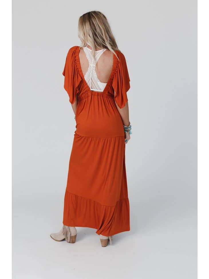 Textured Open Back Ruffle Maxi Dress